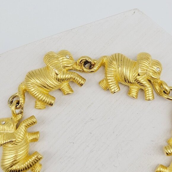 Bob Mackie Elephants On Parade Bracelet Rich Satin Gold 6.5"-8" Rhinestone Eyes - Picture 4 of 10